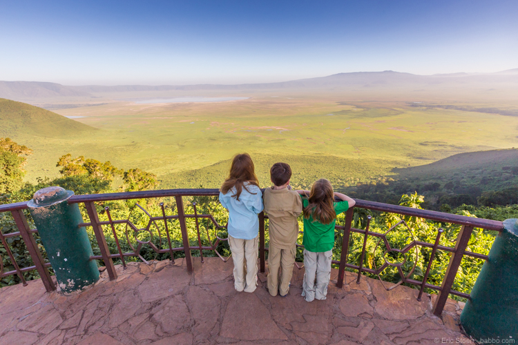 Safari tips: The kids’ standard outfits. The green t-shirt was a gift from our safari outfitter—another reason to pack light.