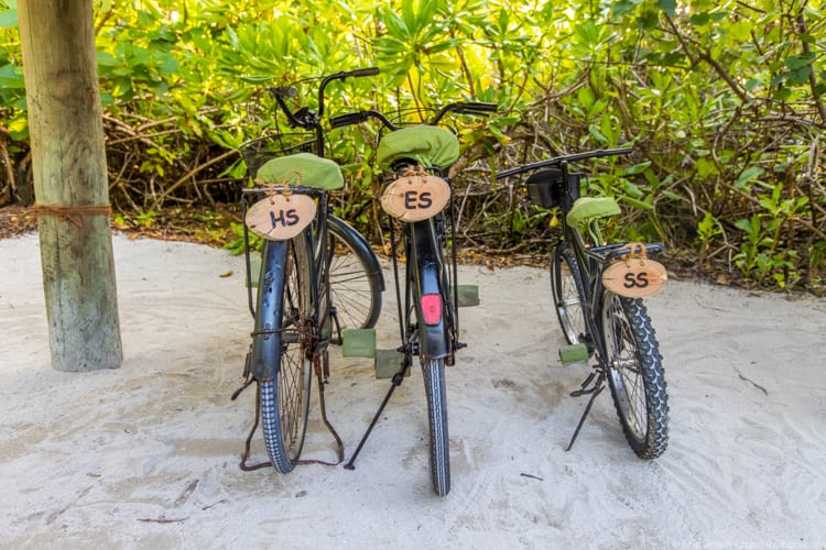 Maldives with kids - Our kids' bikes, with custom plates