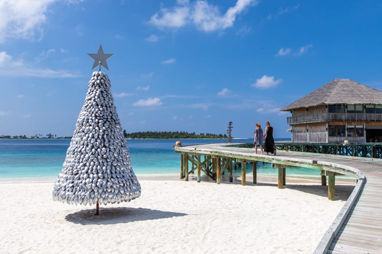 Maldives with kids - The coconut husk Christmas tree at Six Senses Laaamu