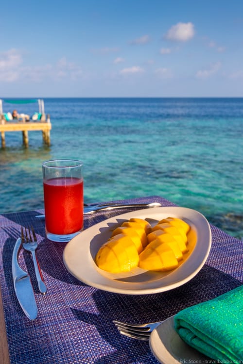 Maldives with kids - Mango and watermelon juice at breakfast. Some rates include breakfast, but half-board or full-board may make sense for you too.
