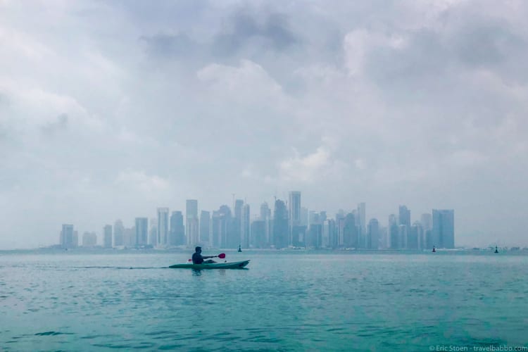 Things to do in Qatar - Kayaking with a perfect view of the Doha skyline just before it started to rain