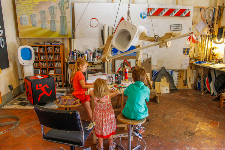 Things to do in Florence with kids - Drawing in Clet Abraham's workshop. Will include photos of his street art after my next trip.