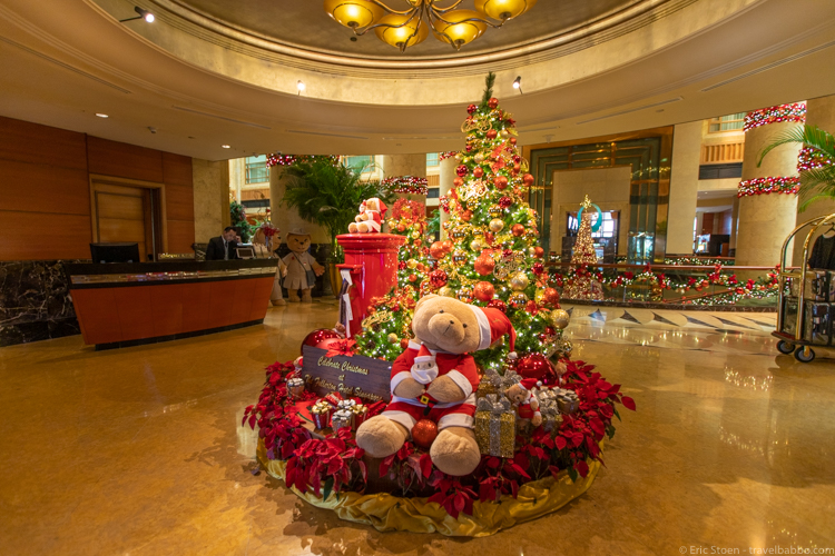 Best hotel in Singapore - The lobby at Christmas. How many bears can you find? Trick question: the tree in the back is loaded with bears!
