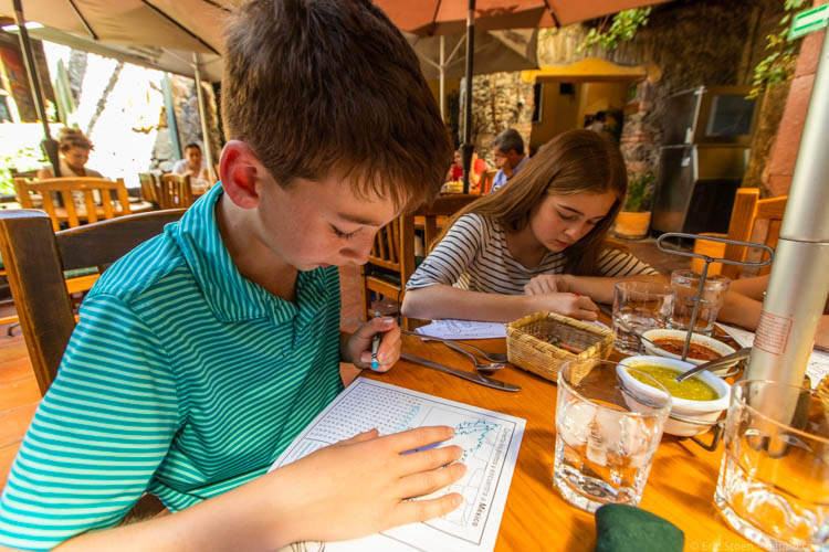 San Miguel de Allende - Kids menus (no we didn't order off of them) and water at Hecho en Mexico
