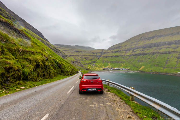 Faroe Islands - In a pullout on the way to Tjørnuvik (in the distance). You're not supposed to use them for photo stops, but if no one is coming and you're quick, you should be fine. 