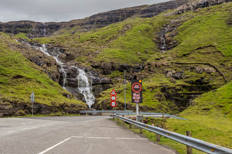 Faroe Islands - A sign telling drivers that there's a truck in the one-lane tunnel. We pulled over and watched sheep until it was safe to drive through.