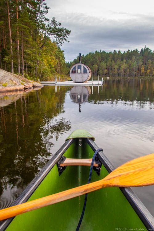 Sweden with kids - Canoeing to the floating sauna