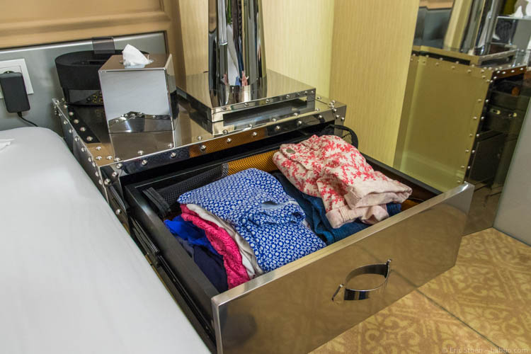 Family packing tips - My daughter's packing cube in her nightstand at Aria Hotel Budapest