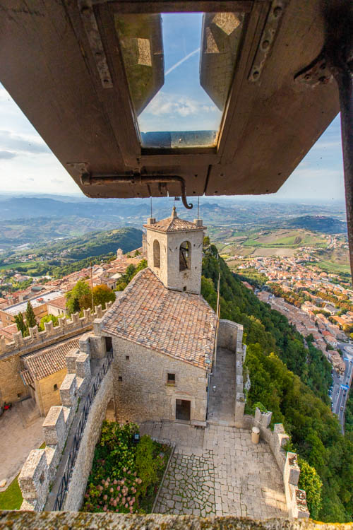 San Marino - Looking towards the old town of San Marino from the highest point of Guaita Tower