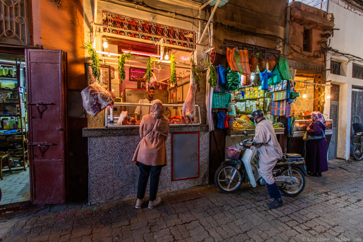 Morocco with Kids - Buying meat and spices for dinner