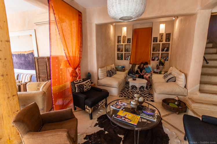 Morocco with Kids - At Riad Caravane - the all important first task of getting onto WiFi...