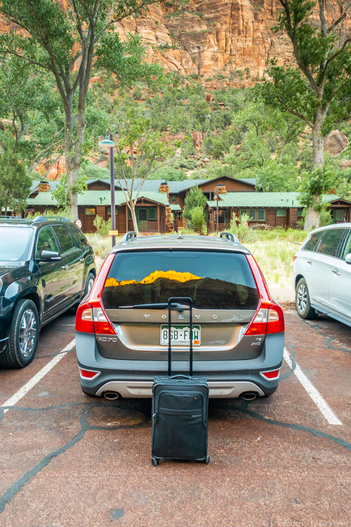 California road trip - Our car, luggage and cabin at Zion Lodge