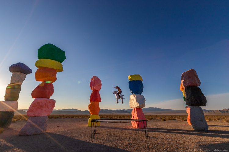 Best Road Trip Stops - Seven Magic Mountains - When you arrive at sunrise, you just may find a guy with a zebra on a trampoline...