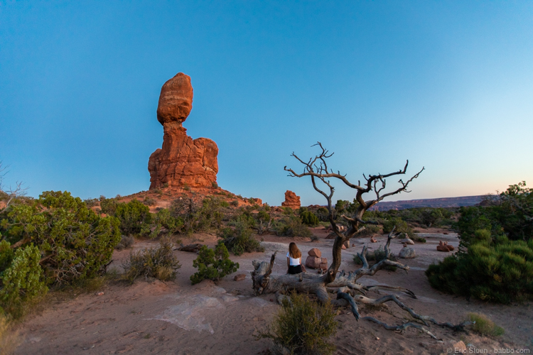 Arches National Park with Kids: At Balanced Rock after sunset