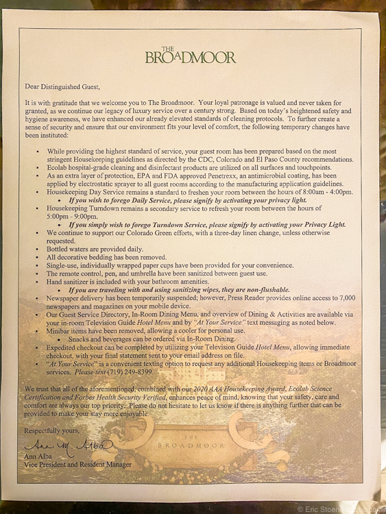 Broadmoor and Ecolab: This letter was waiting for us in our room, detailing the hotel's commitment to cleanliness and talking about what Ecolab Science Certification means