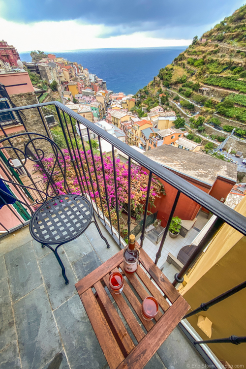 Cinque Terre wines - Rosé on our balcony at Da Baranin
