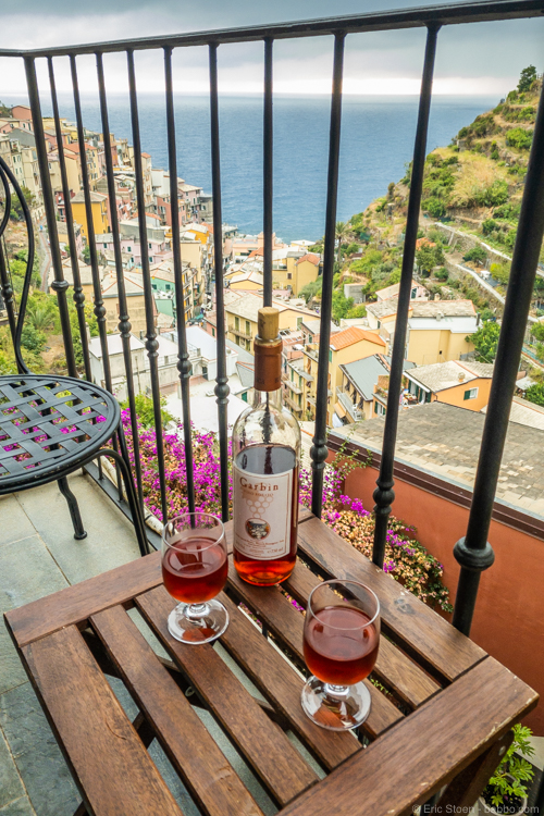Cinque Terre: A local rosé on the balcony of our room at Da Baranin B&B