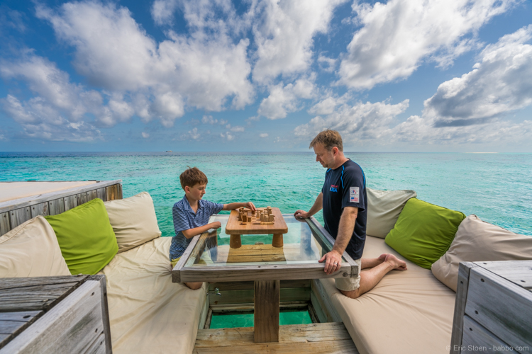 best ocean view hotels: Playing chess on our deck at Six Senses Laamu
