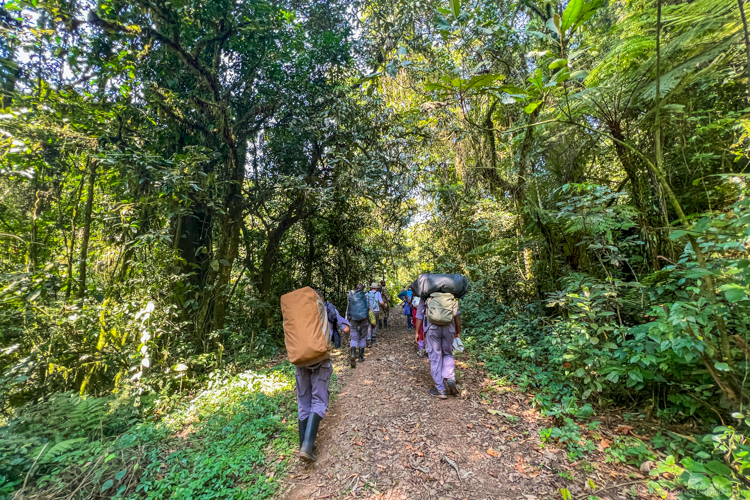 Setting off on our hike, with porters carrying our luggage