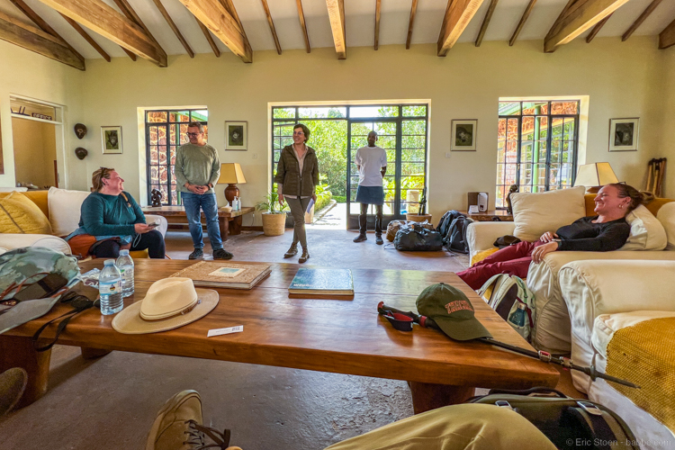 Yannick, Isabel and our butler John welcoming us to Clouds Mountain Gorilla Lodge