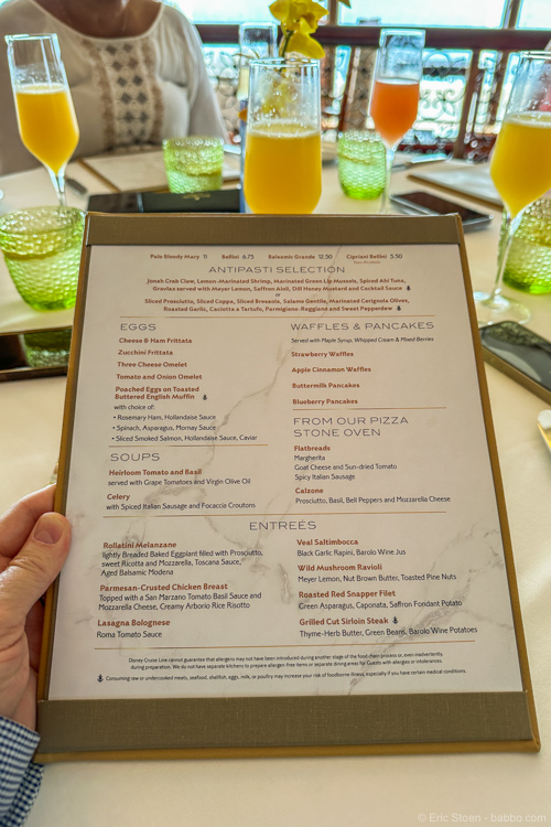 The brunch menu at Palo on the Disney Fantasy Cruise