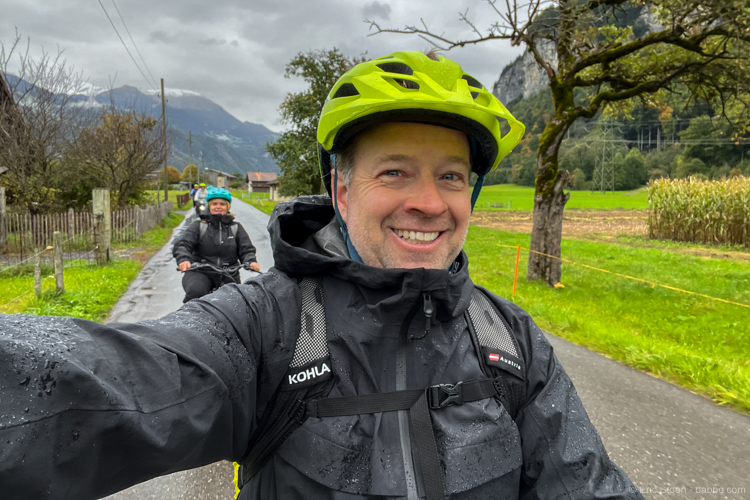 Holiday gift guide - Cycling through Switzerland in the rain, but staying dry thanks to Prana