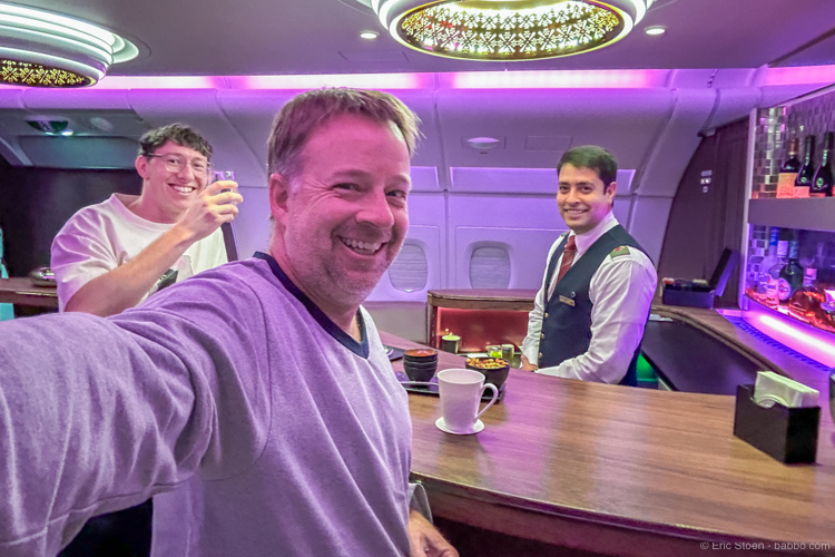 Book the Qatar QSuite for Miles: At the business class bar aboard the A380