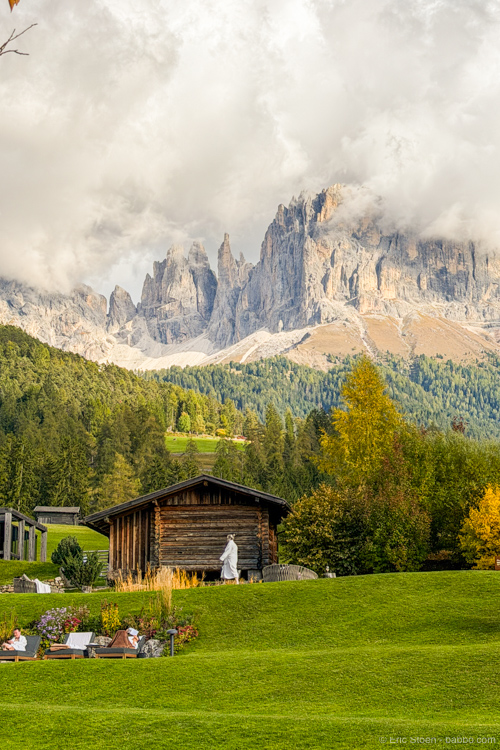 Dolomites: Arriving at Cyprianerhof. Those are the only clouds we would see all week.