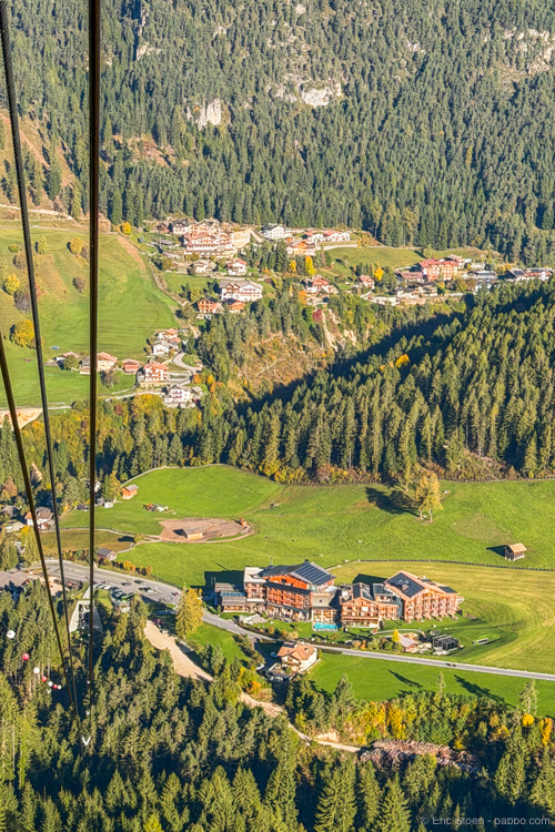 Where to stay in the Dolomites: Cyprianerhof from the gondola